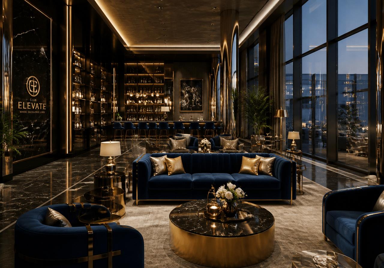 Eminara members clubhouse interior with navy and gold accents